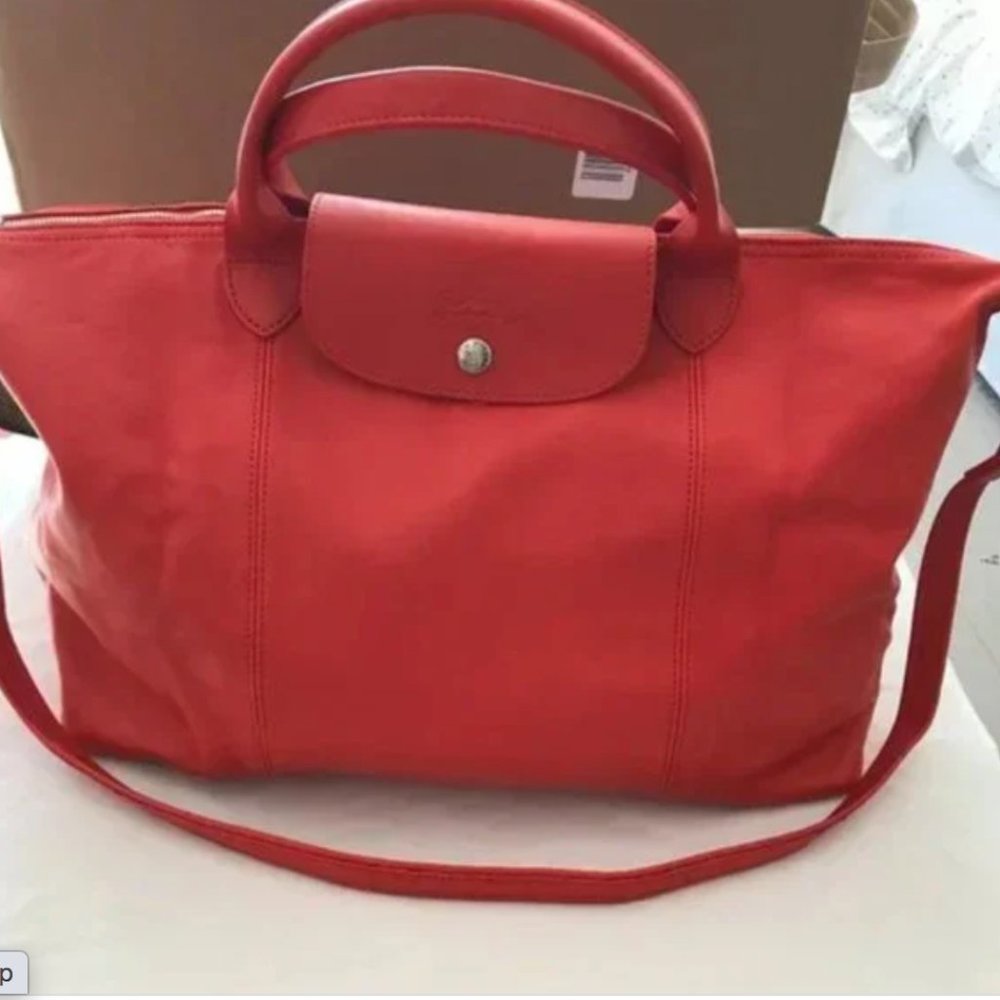 Longchamp Le Pliage Cuir Leather Bag New Large red